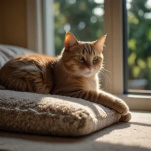 senior cat laying on a pillow in front of window